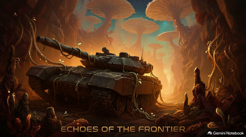 A main battle tank resting in an alien canyon under warm amber sunlight and a teal sky, with pale green bioluminescent vines creeping over their heavy armored hulls.