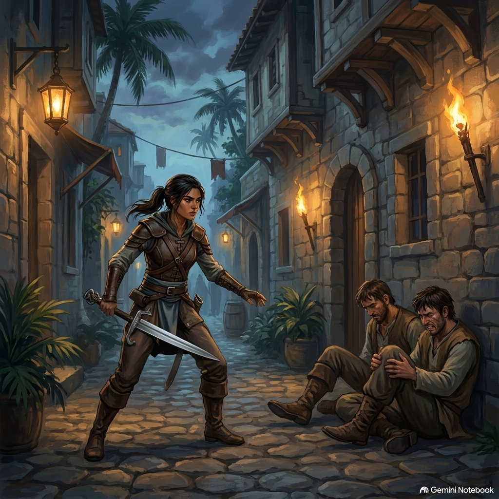 A young woman warrior with dark raven hair in a low ponytail stands in a fluid stance in a twilight stone alley, holding a silver leaf-shaped blade while disarmed muggers retreat against a stone wall.