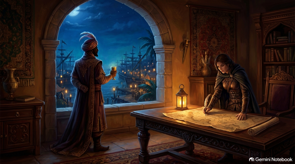 A wealthy merchant prince stands by a window in a lantern-lit study overlooking a dark harbor, gesturing toward sea charts on an ironwood desk while a young woman warrior listens attentively.