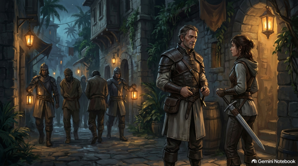 A disciplined Inraline town guard captain in leather armor listens respectfully to a young woman warrior with dark hair in a low ponytail holding a sheathed silver leaf-blade under lantern light.