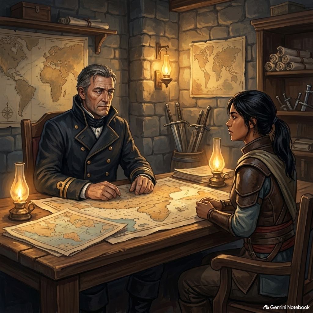 A middle-aged Inraline naval intelligence officer in a high-collared coat sits bare-headed across an ironwood desk piled with sea charts, speaking with a young woman warrior with dark hair in a low ponytail.